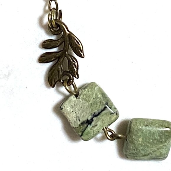 2/$20 Dark Green Serpentine Leaf Branch Necklace, Genuine Gemstone Bronze Chain - Picture 5 of 16